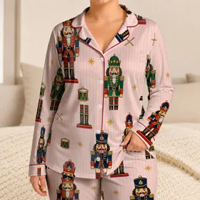 Vintage Nutcracker Soldiers On Pink Stripes For Christmas Morning Holiday Gift For Women Satin Pajamas Set
