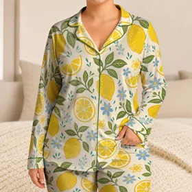 Cheerful Lemon Citrus And Blue Flowers For Summer Lounging And Relaxed Sleepwear Gifts Satin Pajamas Set