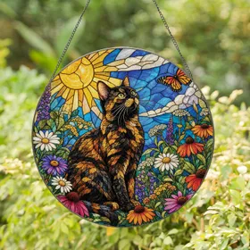 Tortoiseshell Cat In Floral Sunlight For Cottagecore Homes And Cat Lovers Decor Gift Stained Glass Suncatcher