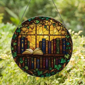 Cozy Enchanted Library Scene For Book Lovers, Book Club Decor, Cozy Reader Gift Set Stained Glass Suncatcher