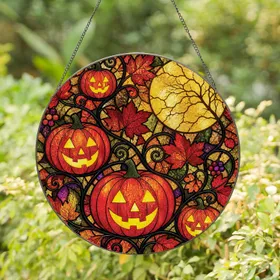 Leaded Pumpkin Moon Window Hanging for Halloween Harvest Decor, Autumn Home Accent Stained Glass Suncatcher