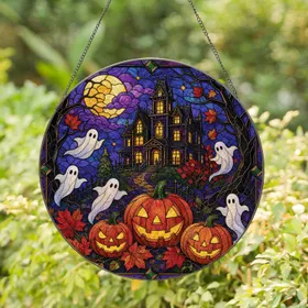 Haunted Victorian House With Pumpkin Lanterns for Halloween Window Decor, Fall Home Stained Glass Suncatcher