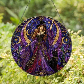 Stevie Nicks Boho Witch Cat Moon Stained Glass Decor For Halloween And Home Gift Stained Glass Suncatcher