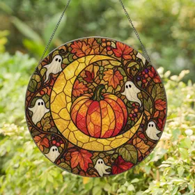 Golden Moon And Pumpkin Halloween Decor For Autumn Windows, Fall Gift For Home Lovers Stained Glass Suncatcher
