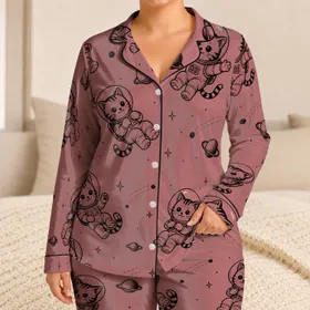 Whimsical Space Cat Astronauts For Cozy Bedtime, Lounging And Relaxing Nights For Women Satin Pajamas Set