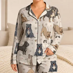 Colorful Bully Breed Dogs With Paw Prints For Cozy Dog Mom Home Lounging And Gifting Satin Pajamas Set