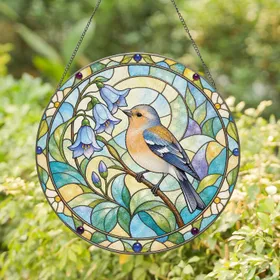 Chaffinch Bird in Bloom for Cottage Garden Gifts and Nature Lover Home Decor Accent Stained Glass Suncatcher
