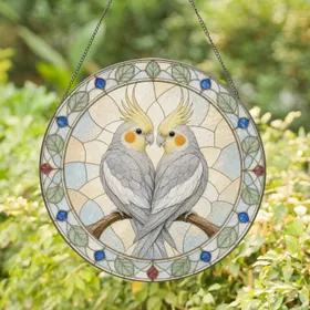 Gray Cockatiel Couple Perched In Harmony For Nature Inspired Home Garden Window Decor Stained Glass Suncatcher