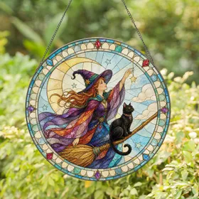 Flying Witch and Black Cat for Halloween Decor, Mystical Gift for Spellbound Homes Stained Glass Suncatcher