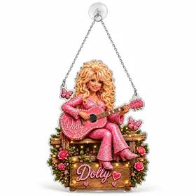 Dolly Parton Pink Country Guitar Keepsake for Western Christmas Decor and Music Lovers Custom Shape Window Hanging Acrylic Ornament