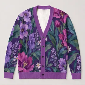 Purple Botanical Blooms for Relaxed Everyday Layering, Women’s Spring and Fall Style All-over Print Knitted Cardigan