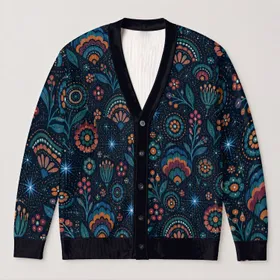 Colorful Midnight Geometric Motifs for Relaxed Layering and Creative Everyday Style All-over Print Knitted Cardigan