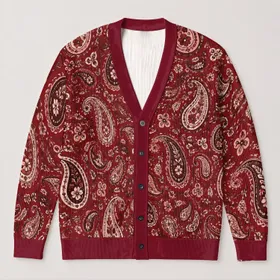 Burgundy Paisley Teardrops and Floral Scrolls for Autumn Layering, Women's Vintage Style All-over Print Knitted Cardigan