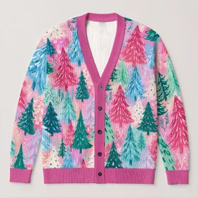 Pastel Christmas Tree Forest for Cozy Holiday Outings and Winter Layering for Women All-over Print Knitted Cardigan