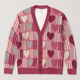 Heart Stripe Motif For Casual Spring Layering, Romantic Everyday Style For Women All-over Print Knitted Cardigan