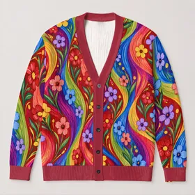 Rainbow Wave Floral Blooms for Colorful Spring Layering and Everyday Women's Style All-over Print Knitted Cardigan