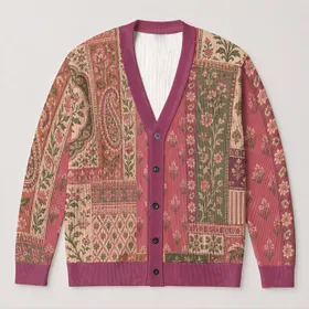 Raspberry Botanical Patchwork Motifs For Relaxed Layering And Everyday Women’s Style All-over Print Knitted Cardigan