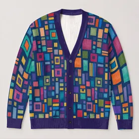 Jewel-Tone Geometric Squares for Colorful Layering and Creative Everyday Wardrobes All-over Print Knitted Cardigan