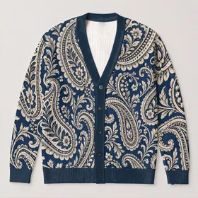 Navy Ivory Paisley Swirls for Bohemian Autumn Layering and Relaxed Everyday Style All-over Print Knitted Cardigan