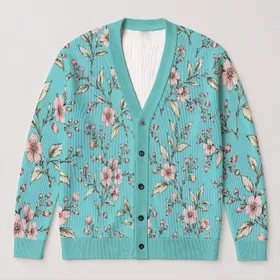 Turquoise Botanical Blossoms for Relaxed Autumn Layering and Everyday Feminine Style All-over Print Knitted Cardigan