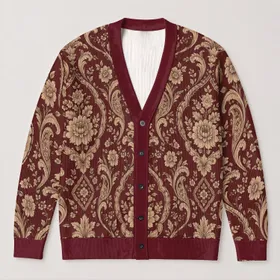 Burgundy Damask Florals for Elegant Everyday Layering and Vintage-Inspired Daily Style All-over Print Knitted Cardigan