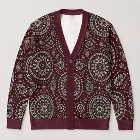 Burgundy Mandala Boho Geometric Layering Style for Casual Fall and Winter Outfits All-over Print Knitted Cardigan