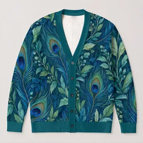 Teal Peacock Feather Botanical Motif for Elegant Everyday Layering and Office Style All-over Print Knitted Cardigan