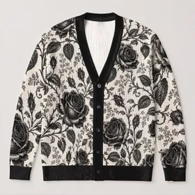 Black Rose Vine Floral Motif for Elegant Everyday Layering and Evening Wear for Women All-over Print Knitted Cardigan