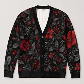 Red Floral Botanical Motifs for Elegant Evening Layering and Everyday Autumn Outfits All-over Print Knitted Cardigan