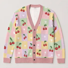 Pastel Cherry Hearts And Soft Checks For Casual Weekend Layering And Weekend Style All-over Print Knitted Cardigan