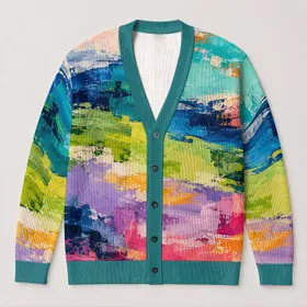Abstract Color Block Layers for Autumn Vacation Style and Casual Weekend Wear Outfits All-over Print Knitted Cardigan