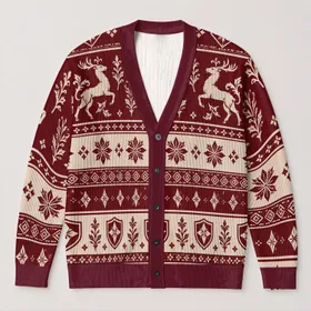Burgundy Ivory Nordic Snowflakes and Heraldic Stags for Festive Winter Layering Men All-over Print Knitted Cardigan