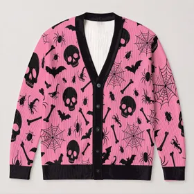 Black Skull Spider Web Halloween Style For Spooky Seasonal Everyday Layering Wear All-over Print Knitted Cardigan