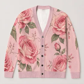 Blush Pink Rose Motif for Soft Autumn Layering and Romantic Everyday Women's Style All-over Print Knitted Cardigan