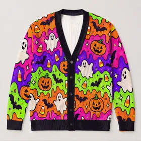 Pumpkin Ghost Bat Candy Corn Halloween Autumn Style For Women Cozy Everyday Layering All-over Print Knitted Cardigan