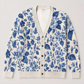 Blue Botanical Blooms for Relaxed Spring Layering and Everyday Women’s Casual Style All-over Print Knitted Cardigan
