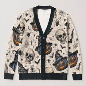 Witch Hat Pumpkin Skulls for Halloween Layering, Women’s Cozy Fall Holiday Style All-over Print Knitted Cardigan