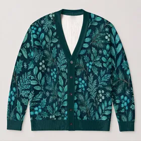 Teal Botanical Foliage for Cozy Autumn Outings and Everyday Layering for Modern Women All-over Print Knitted Cardigan