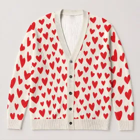 Red Heart Motif For Romantic Layering And Valentine Outings, Women's Everyday Style All-over Print Knitted Cardigan