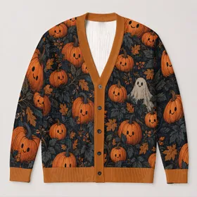 Pumpkin Harvest Friends for Cozy Autumn Outings and Relaxed Seasonal Style Women All-over Print Knitted Cardigan