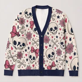Pink Bow Skull Spiderweb Halloween Style for Cute Playful Everyday Autumn Layering Women All-over Print Knitted Cardigan