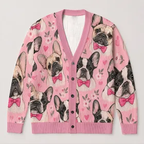 French Bulldog Bow Faces for Everyday Layering and Casual Spring Style for Women All-over Print Knitted Cardigan