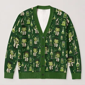 Whimsical Green Lab Monsters for Cozy Fall Outings, Cute Science-Lover Everyday Style All-over Print Knitted Cardigan