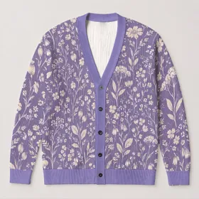Lavender Wildflower Sprigs for Relaxed Everyday Layering and Autumn Weekend Style All-over Print Knitted Cardigan