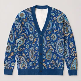 Blue Paisley Floral Motifs for Relaxed Layering and Everyday Bohemian Wardrobe Style All-over Print Knitted Cardigan