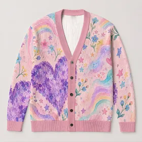 Pastel Purple Heart Rainbow Stars for Cozy Autumn Layering and Weekend Outings All-over Print Knitted Cardigan