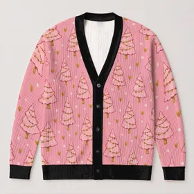 Pink Christmas Trees With Golden Hearts For Festive Layering And Cozy Holiday Style All-over Print Knitted Cardigan