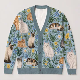 Whimsical Cat Garden Motifs for Cozy Autumn Layering and Relaxed Everyday Feline Lover Style All-over Print Knitted Cardigan
