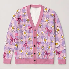 Pink Daisy Bow Checkered Floral Style for Cheerful Everyday Layering and Gifting All-over Print Knitted Cardigan