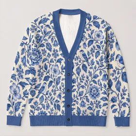 Blue Botanical Birds and Florals for Relaxed Everyday Layering, Garden-Loving Women All-over Print Knitted Cardigan